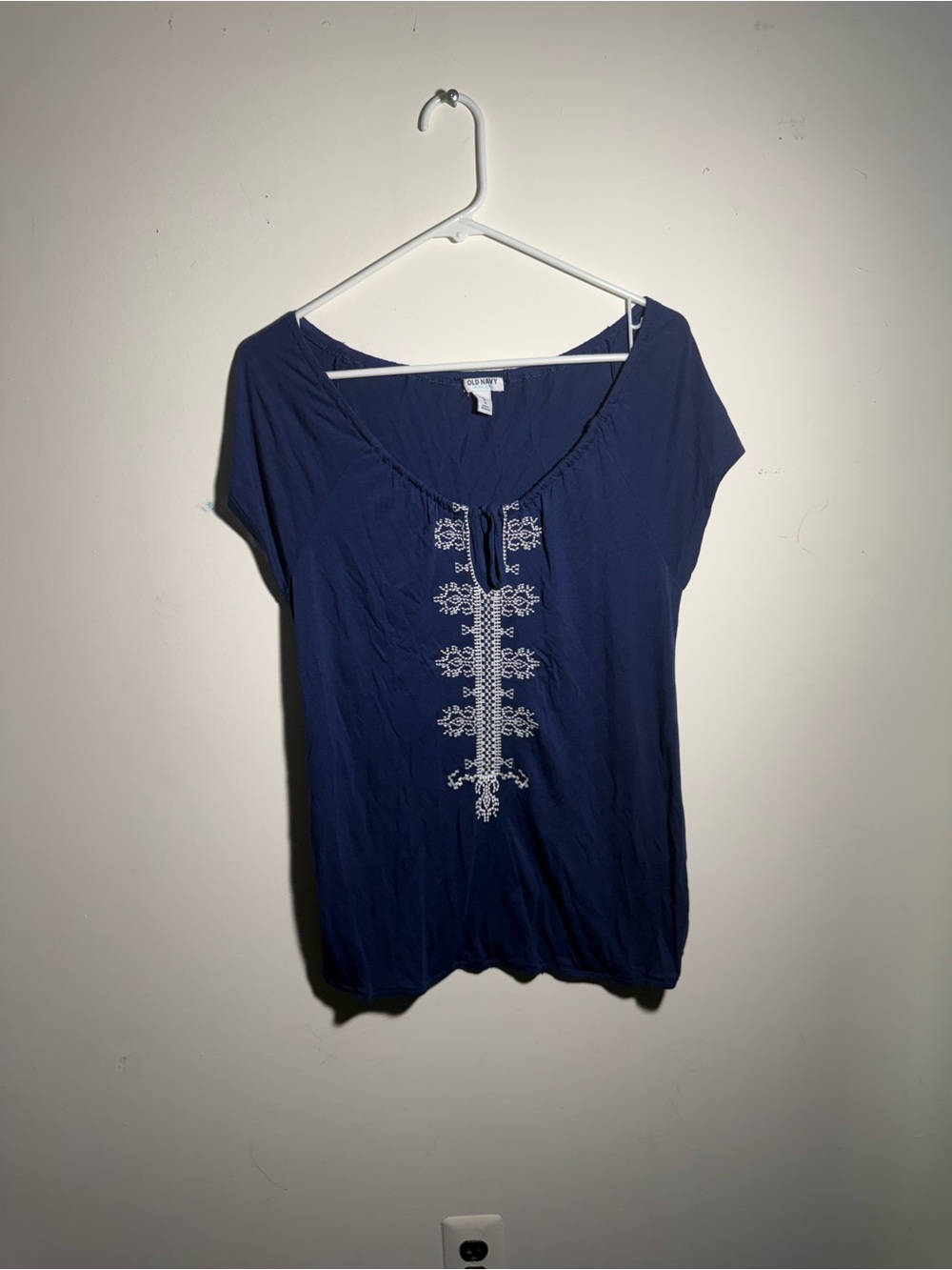 Old Navy Navy Short Sleeve Top with White Embroidered Front